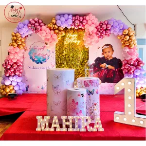 Elegant Baby Birthday Decoration – Personalized Floral Backdrop & Balloon Decor