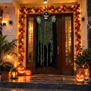 Realistic Halloween Entrance Decoration with Hanging Grim Reaper, Pumpkin & Autumn Leaf Garland