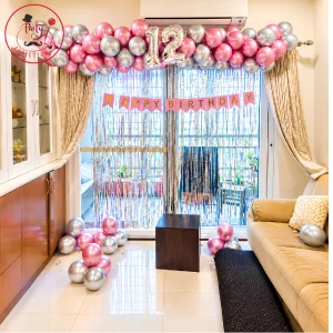 Elegant Birthday Door Decoration – Balloon Garland with Shimmer Curtain Backdrop