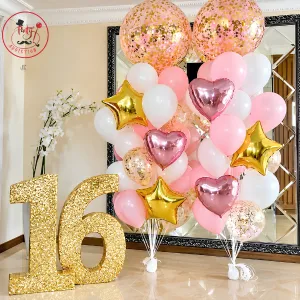 Elegant Sweet 16 Balloon Decoration with Pink & Gold Balloon Bouquet
