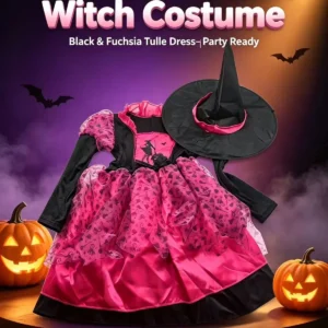 Kids Black & Fuchsia Witch Costume Dress with Hat