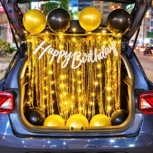 Happy Birthday Car Boot Balloon Decoration with Golden Fringe Backdrop