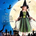 Kids green and black witch Halloween costume dress with hat