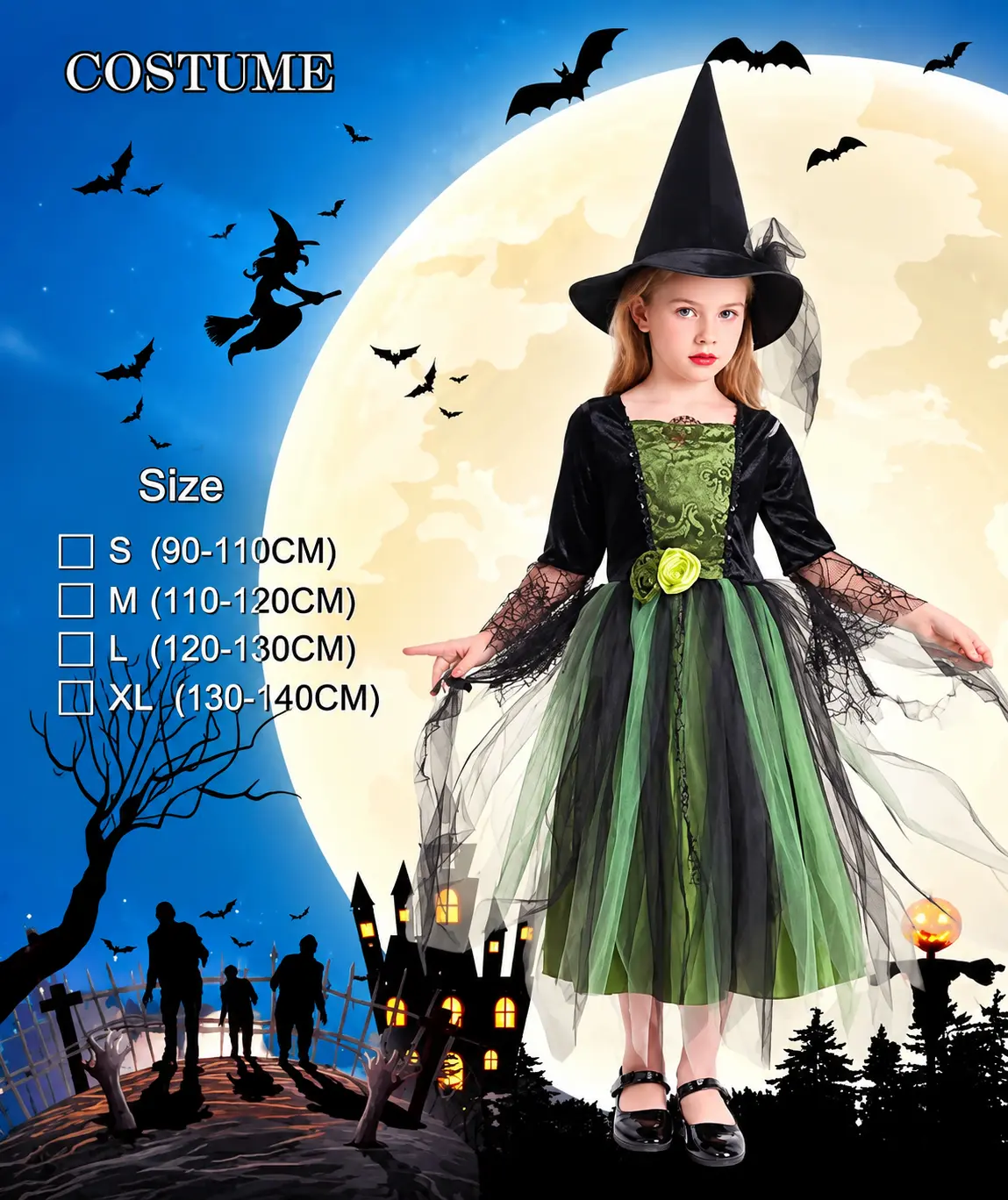 Kids green and black witch Halloween costume dress with hat
