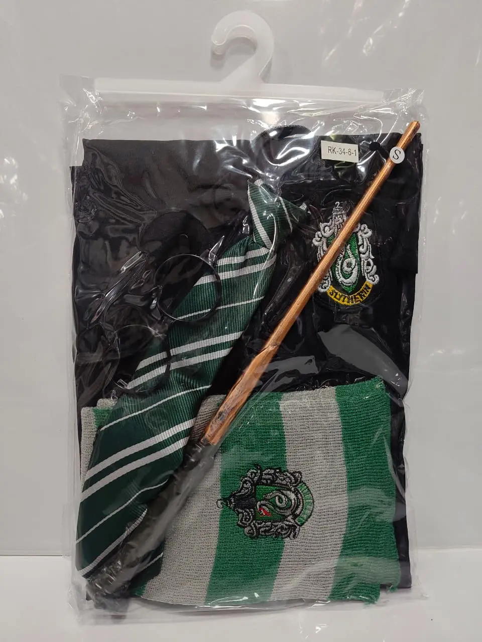 Wizard costume set with black robe, green striped scarf, tie and magic wand