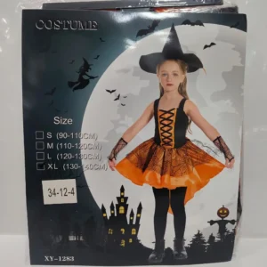 Kids Witch Halloween Costume Dress with Hat – Black & Orange Fancy Dress Outfit