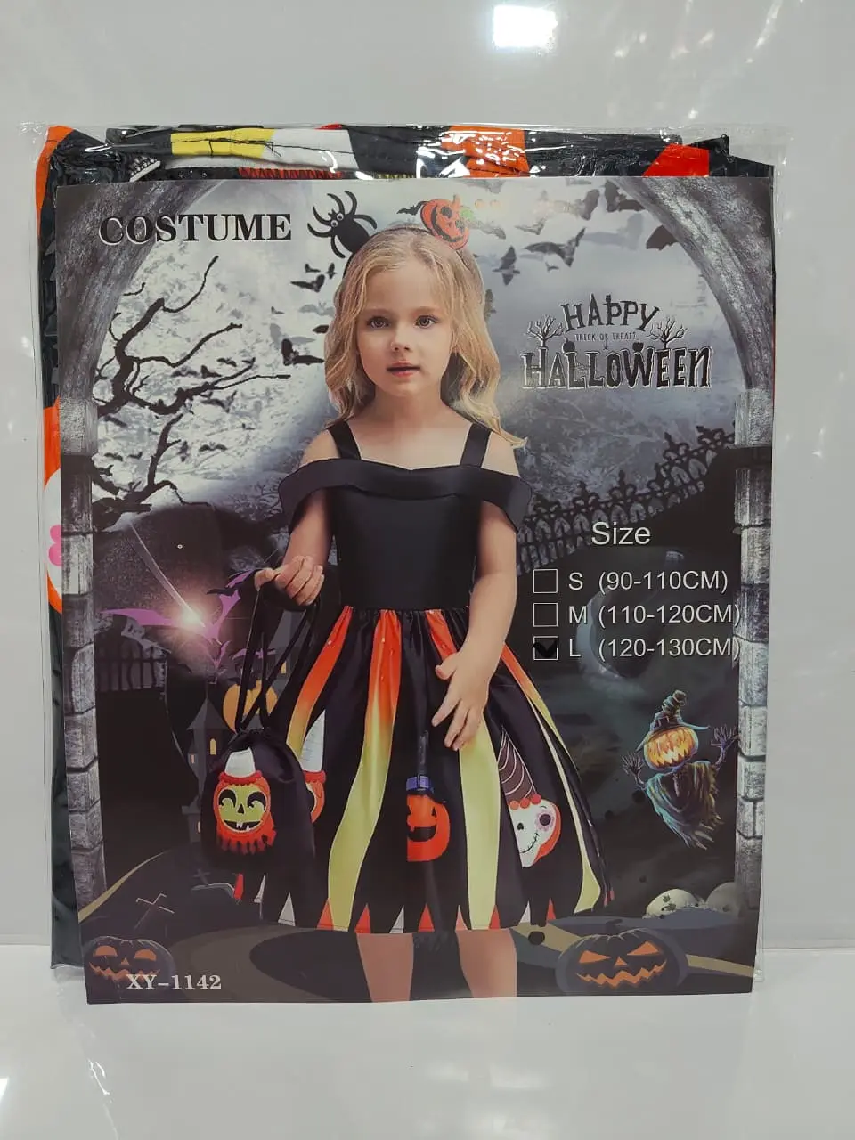 Kids black Halloween costume dress with colorful pumpkin decorations
